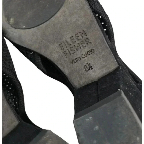 Eileen Fisher Wink Black Knit Open Toe Heels Size 6.5 Stretch Mesh Black Suede - Picture 5 of 9
